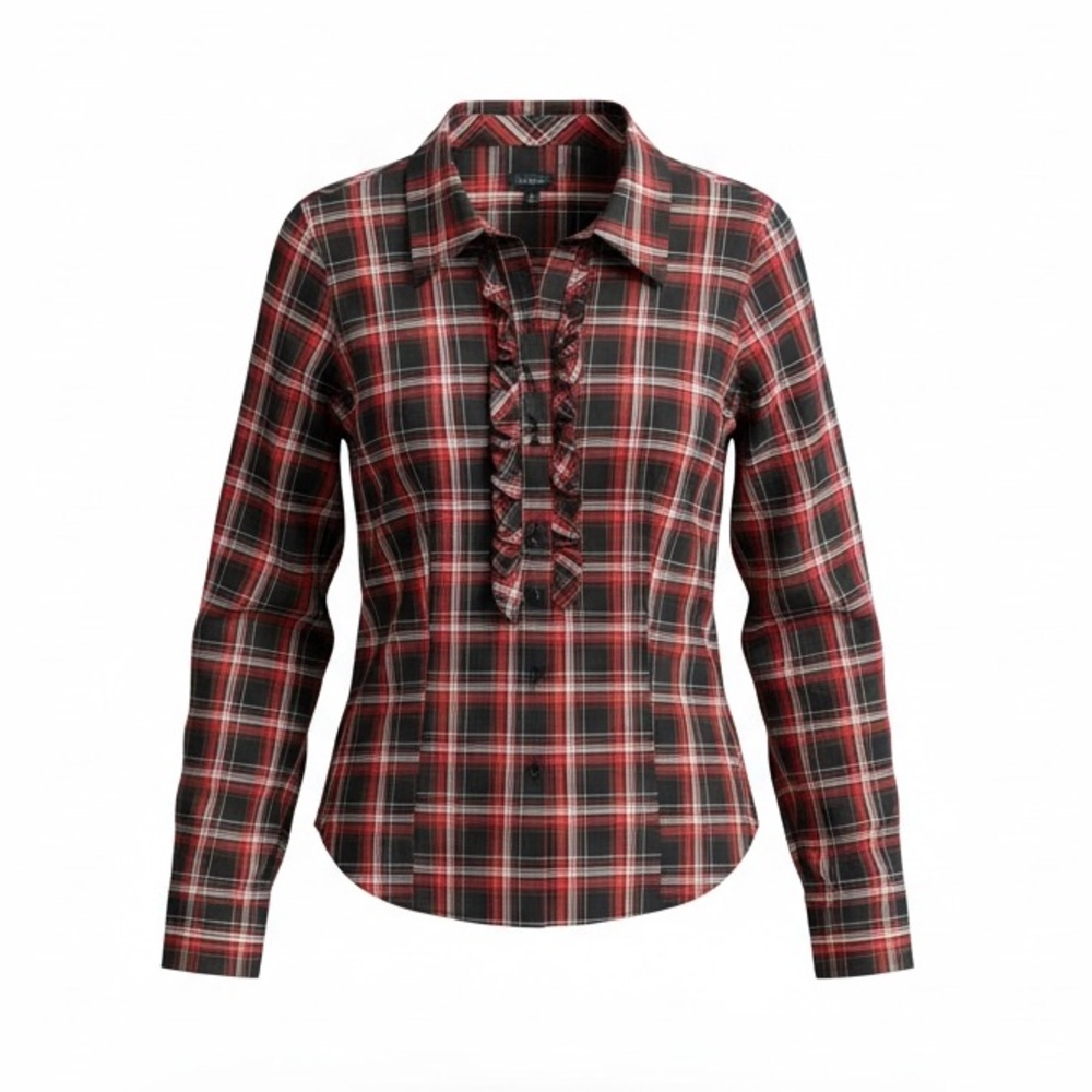 NWOT Talbots Red/Black Plaid Long Sleeve Ruffle Blouse Size 12